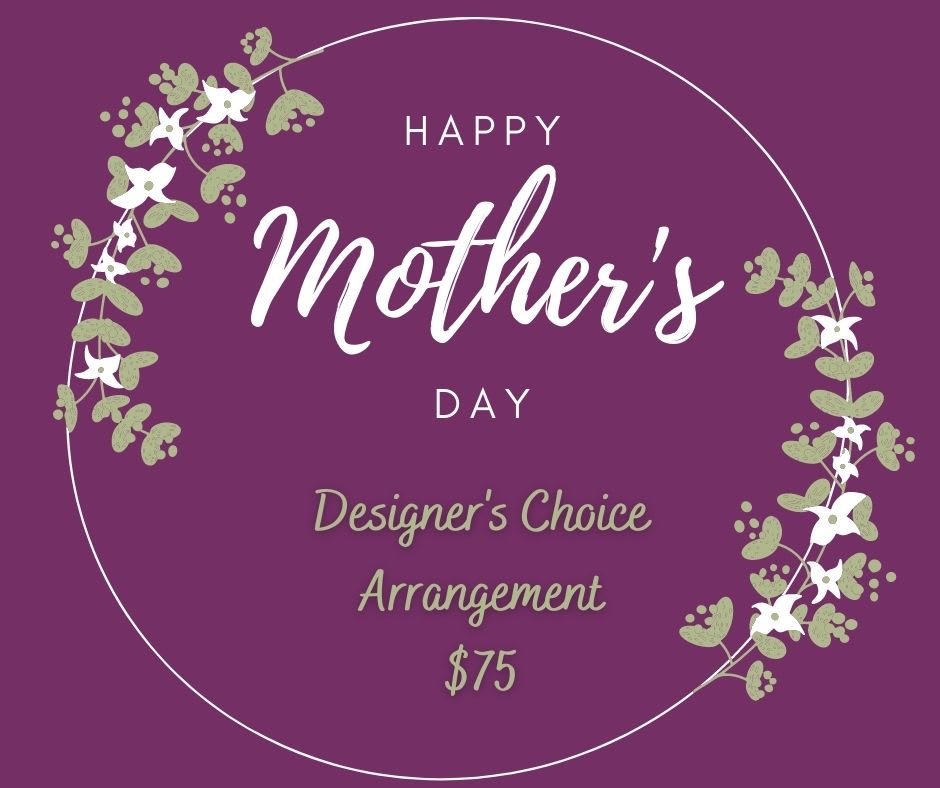 Purple Mother's Day graphic with floral wreath and designer's choice arrangement text