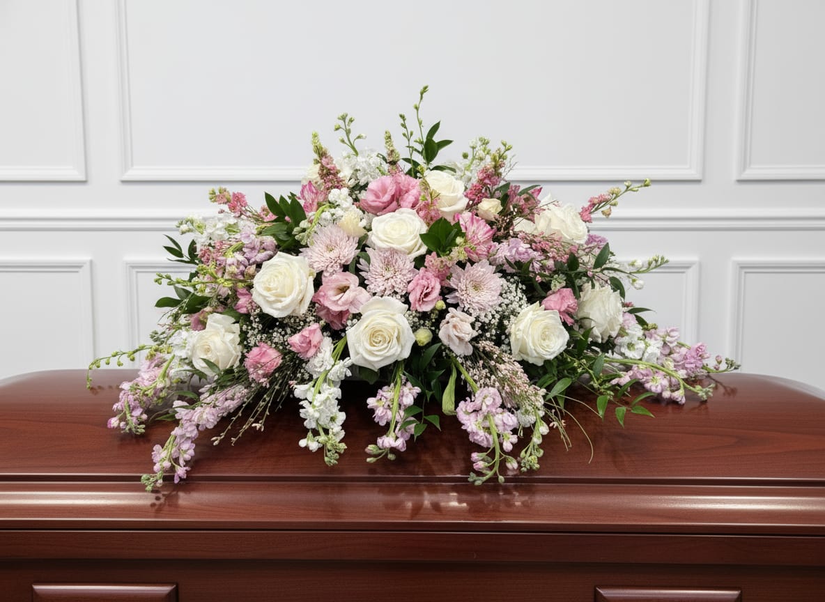 Pink and White Casket - Large, low pastel spray of white roses, pink blooms, lavender accents and greenery to adorn a casket.