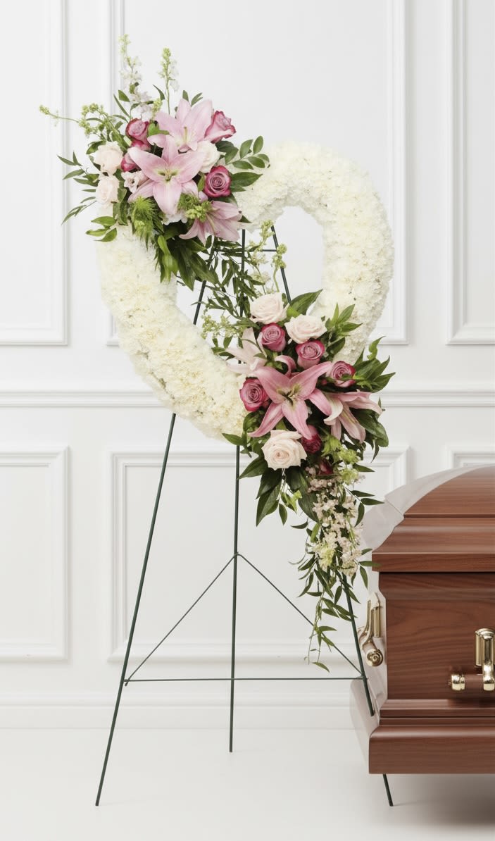 White and Pink Heart Easel - Heart-shaped white wreath on easel with pink lily and rose clusters, accented greenery for a memorial tribute