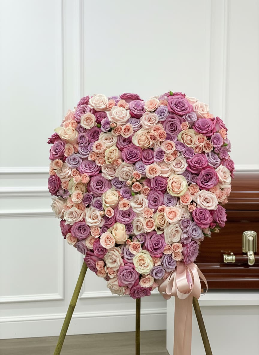 Heart of Roses - Tightly packed heart of pink, purple, white, and peach roses with spray roses, ribbon and easel stand