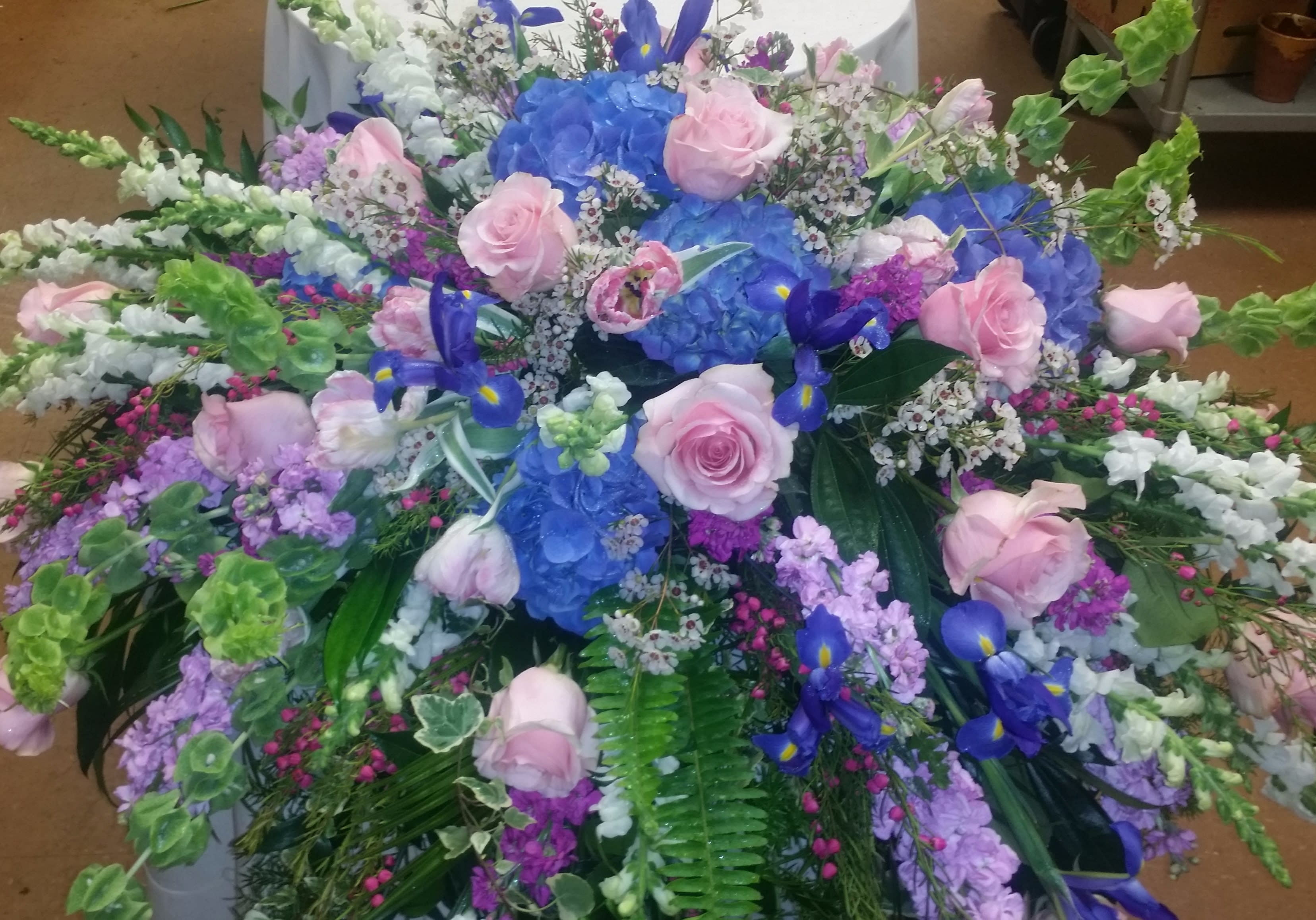 Springtime Memory Casket Spray - Palest pink roses, white snapdragons, pink parrot tulips, blue iris, Bells of Ireland, and deep blue hydrangea make for an incredible springtime spray. 