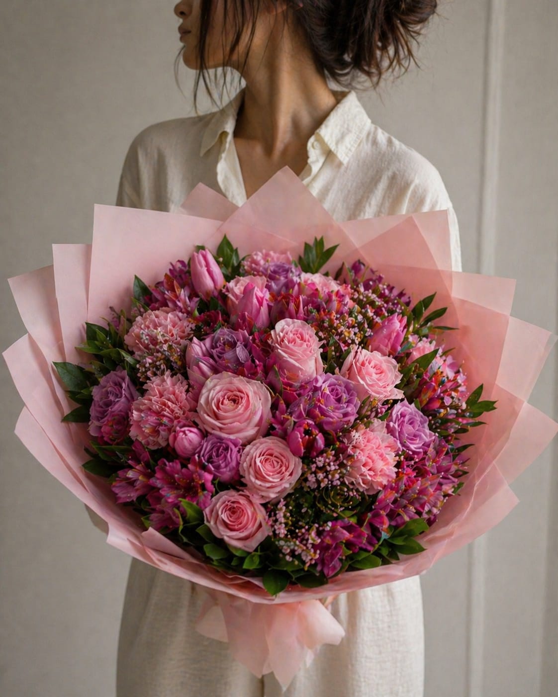 Mother’s Day Special — Designer’s Choice (Pink &amp; Purple) - Each bouquet is thoughtfully designed by our floral team, inspired by a vibrant blend of pink and purple tones that feel joyful, expressive, and full of life.  This is a Designer’s Choice arrangement, meaning every piece is uniquely created using the freshest seasonal flowers available, while staying true to the color palette and lively energy shown in the photo.  Our designs may include a curated mix of blooms such as roses, tulips, carnations, alstroemerias, and other seasonal flowers and textures — selected to create dimension, contrast, and a playful yet elegant composition.  The image shown represents our Deluxe size. Standard and Premium versions will follow the same design style and color palette, adjusted in size and flower count.  Due to the high demand during Mother’s Day, we reserve full creative freedom to substitute flowers as needed, ensuring the final design maintains the same color story, vibrancy, and overall feel of the arrangement pictured.