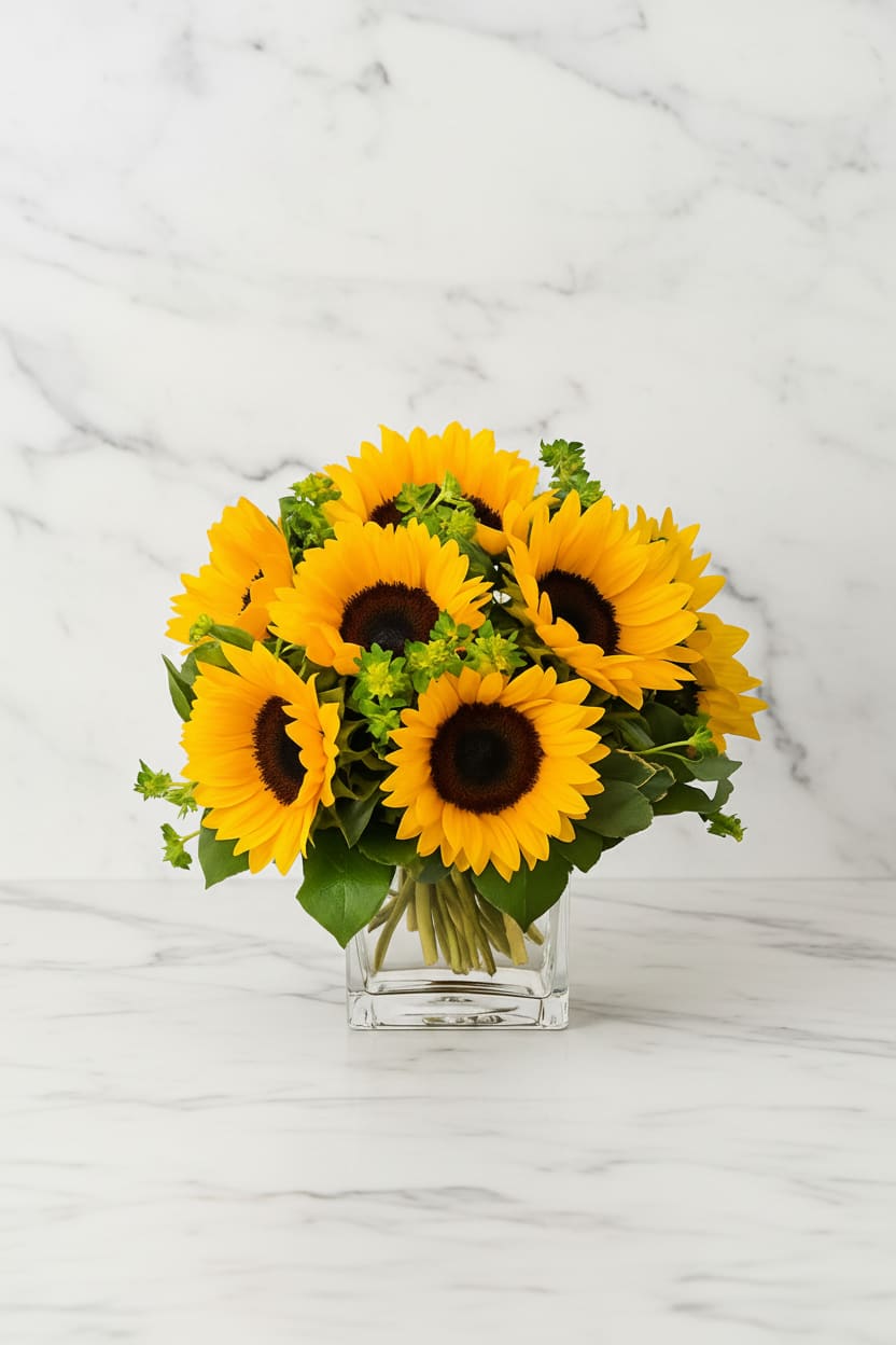 Bouquet of yellow sunflowers in a clear glass vase