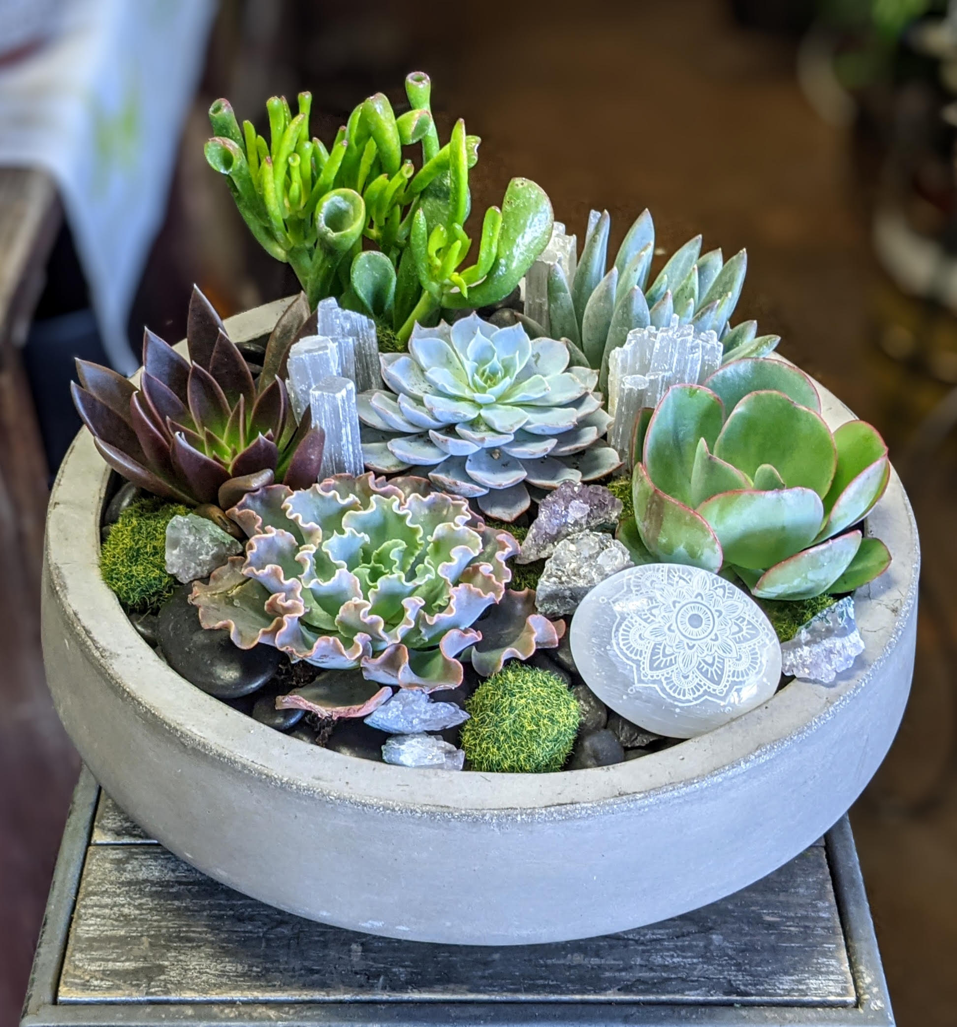 Succulent Garden With Engraved Selenite Mandala - Bring balance and beauty to any space , a serene succulent garden designed in a modern concrete bowl. This lush composition features a variety of premium echeveria, crassula, and sedum succulents artfully accented with raw selenite and amethyst crystals, preserved moss, and an etched selenite mandala stone. Perfect for home decor, housewarmings, or corporate gifts, this low-maintenance garden adds a peaceful, earthy vibe to any setting.  Handcrafted with intention in Las Vegas. Available for local plant delivery or pickup.  Succulent garden Las Vegas | Modern plant arrangements | Crystal succulent bowl gift