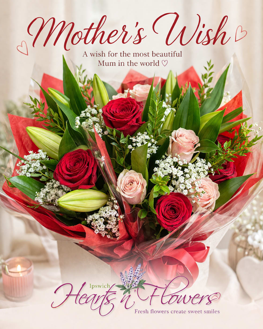 Mother's Wish Bouquet - Mother’s Wish Bouquet As Shown is a wrapped bouquet. Deluxe and Premium are arranged in a vase. Flowers may vary based on fresh inventory. A romantic mix of red and blush roses, lilies, baby’s breath, and fresh greenery in a soft, elegant palette—perfect for Mom.