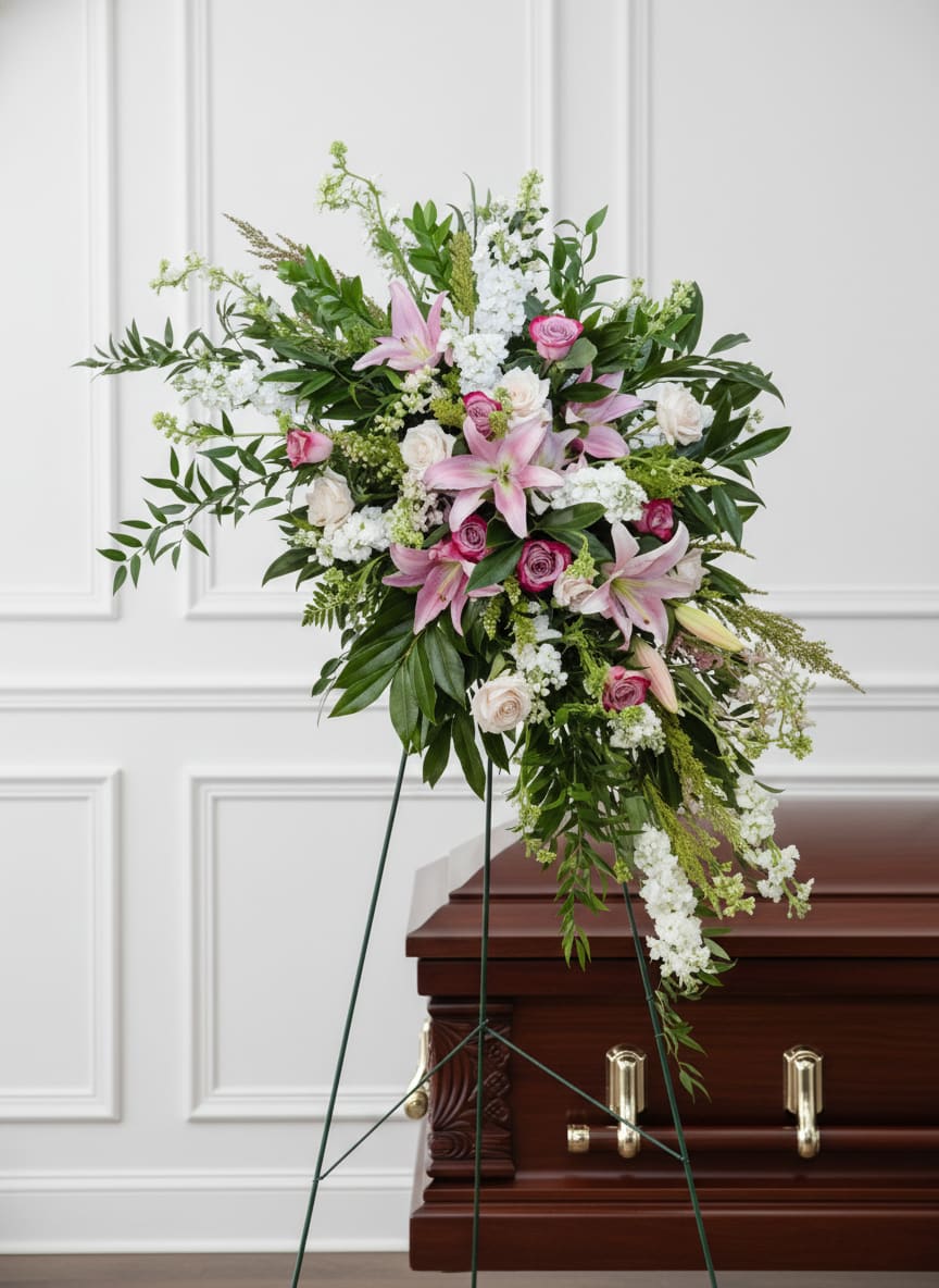 Pink and White Crescent Easel - Large crescent standing spray with pink lilies/roses, white stock and cascading greenery on an easel.