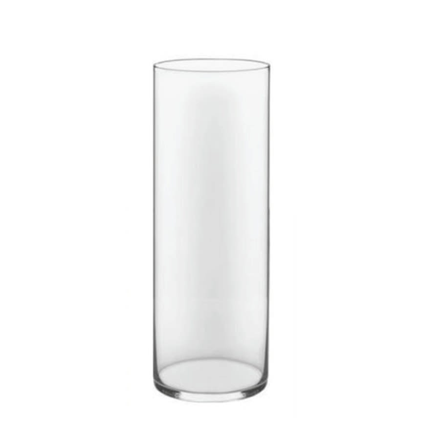 Tall clear glass cylinder vase on a white background