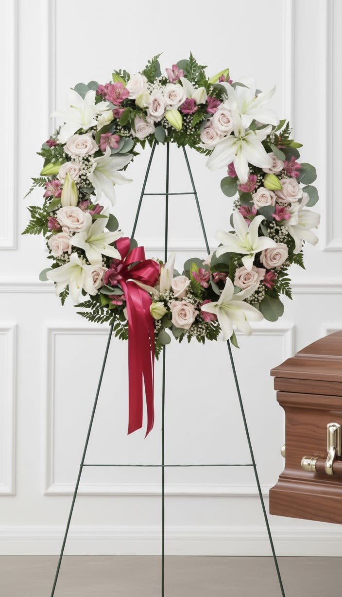 Pink and White Open Wreath - Large circular wreath on a metal easel with white lilies, pale pink roses, accent blooms and red satin ribbon