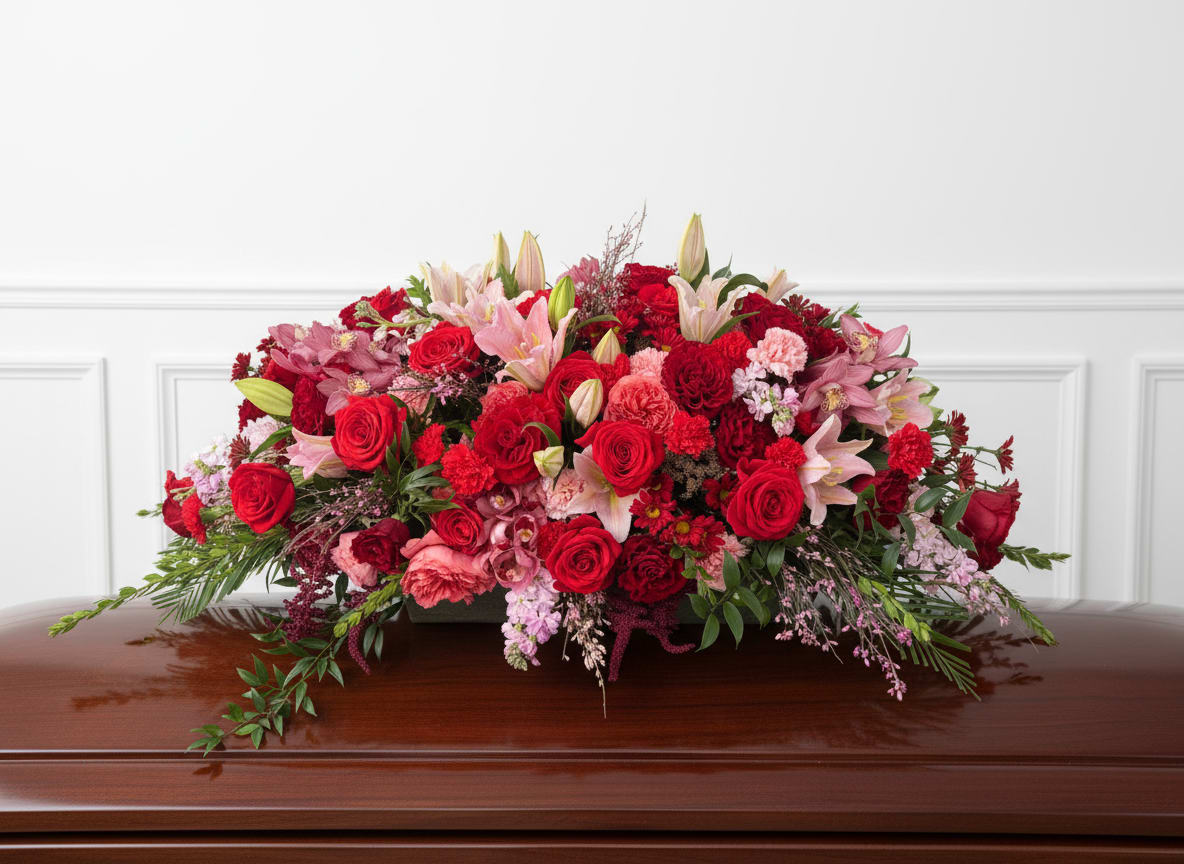 Red and Pink Casket - Large low spray arranged across a polished casket with dense red roses, pink lilies, carnations, and purple accents