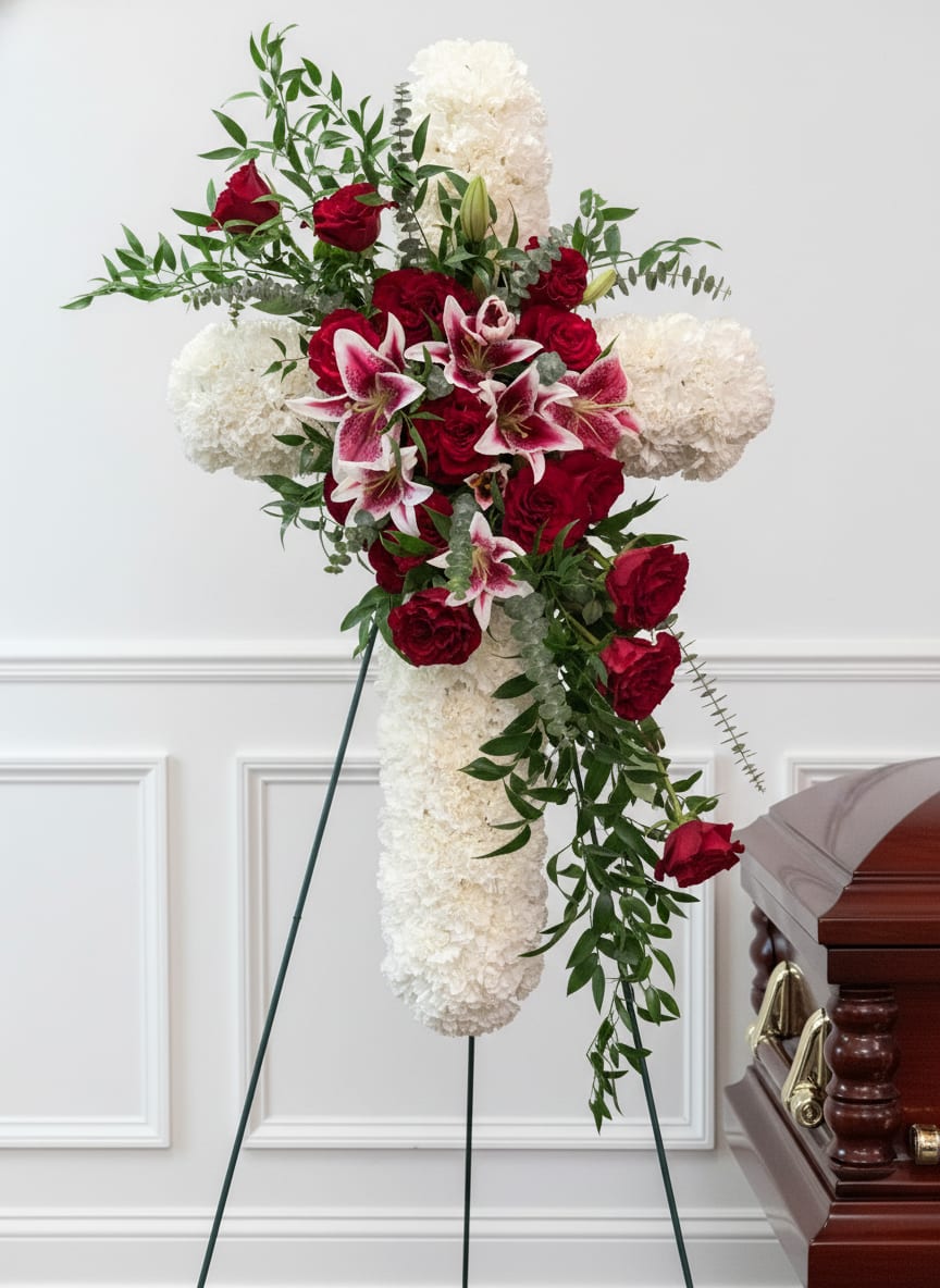 Red and White Cross - Large standing cross of white blooms with red roses, lilies and trailing greenery on a floral stand
