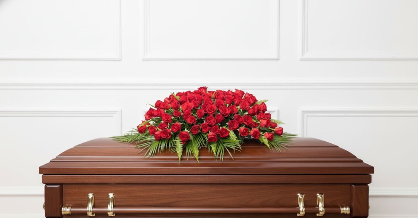 Red Rose Casket - Dense, low mound of red roses with fern-like greenery edges.