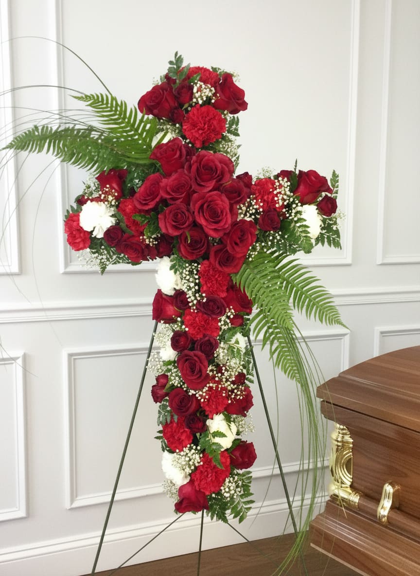 Red Cross  - Tall cross-shaped spray on a easel with dense red roses and carnations, white filler and fern accents