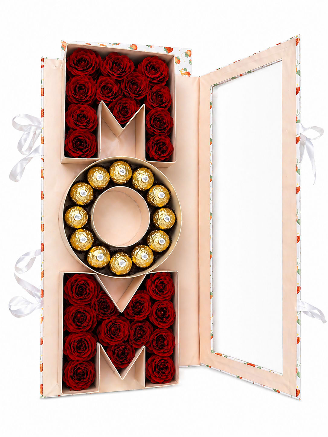 Luxury MOM Rose &amp; Chocolate Box - Elegant “MOM” gift box featuring premium red roses on each side and a center filled with luxury chocolates.  This design combines romance and sweetness in a clean and high-end presentation, perfect for Mother’s Day or any special celebration.