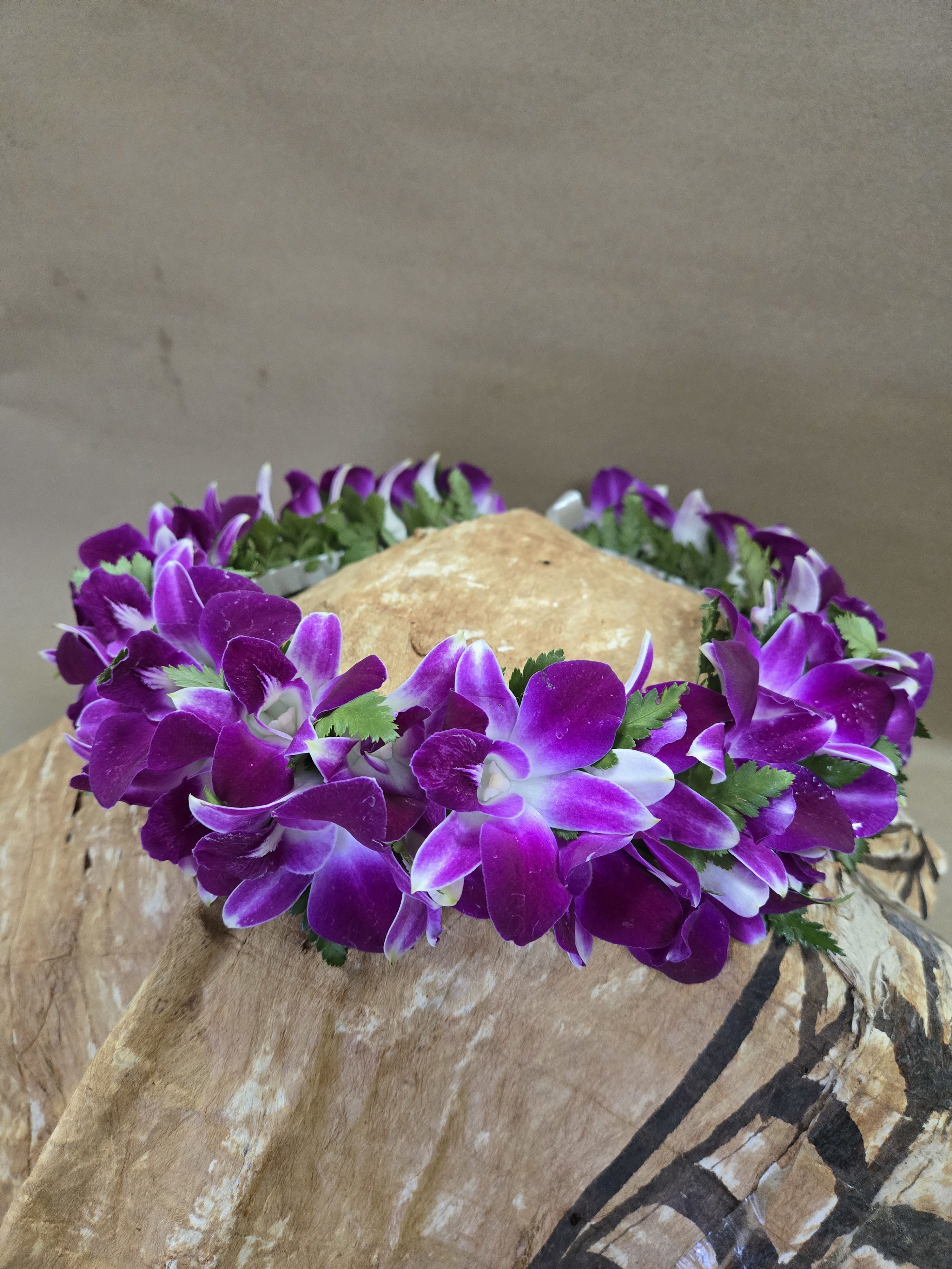 Purple Orchid Haku Lei  - LIMITED QUANTITY  Haku is hand-wrapped with Purple orchids and fern leaves. All Haku's are unique and there will be some variation. 