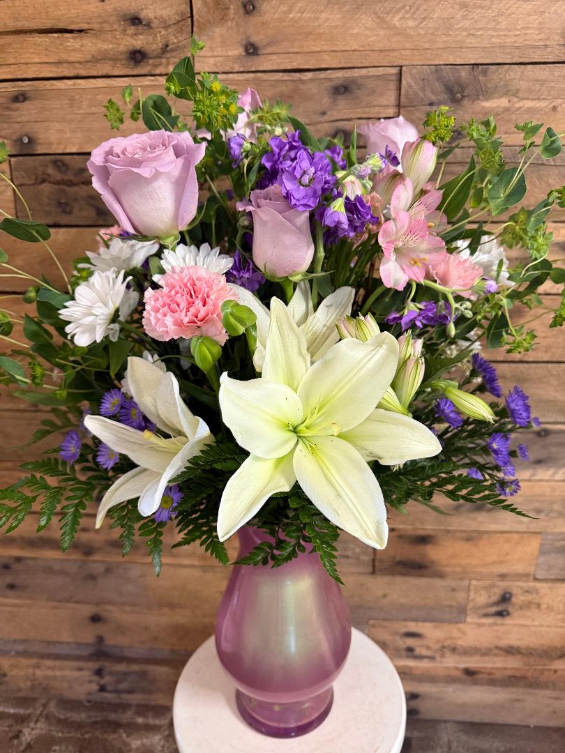 Lily Love You - pink vase, filled with roses, lilies, filler, alstroemeria, stock
