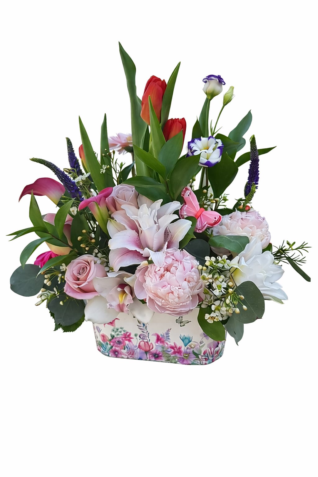 Butterflies and Blooms from Holland - Dutch tulips, Peonies, lilies, lisianthus, roses, calla lilies cymbidium and veronica orchids in a garden container