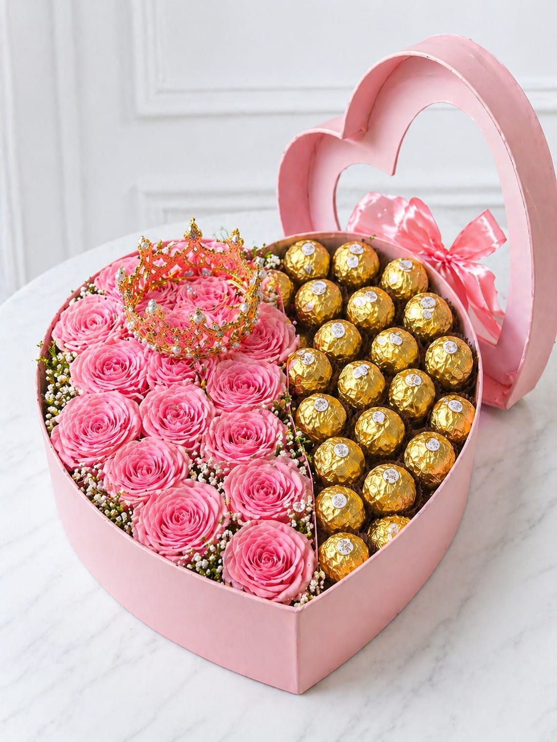Luxury Pink &amp; Chocolate Heart Box - Elegant heart-shaped box featuring a half arrangement of premium pink roses and a half filled with luxury chocolates.  Finished with a delicate crown detail for a sophisticated and high-end presentation.  Perfect for Mother’s Day, birthdays, or romantic gifts.