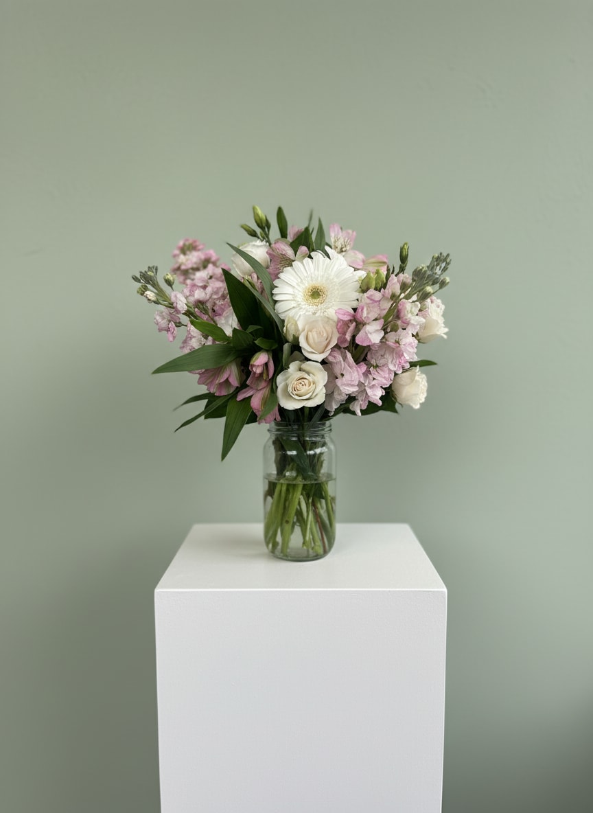 Mason Jar for Mom-Pink and White - A delicate mix of soft pinks, creamy whites, and fresh greenery, arranged in a clear glass vase. Designed with a light, airy feel and featuring seasonal favorites like roses and daisies, this arrangement is the perfect way to celebrate Mom with something fresh, feminine, and effortlessly beautiful.
