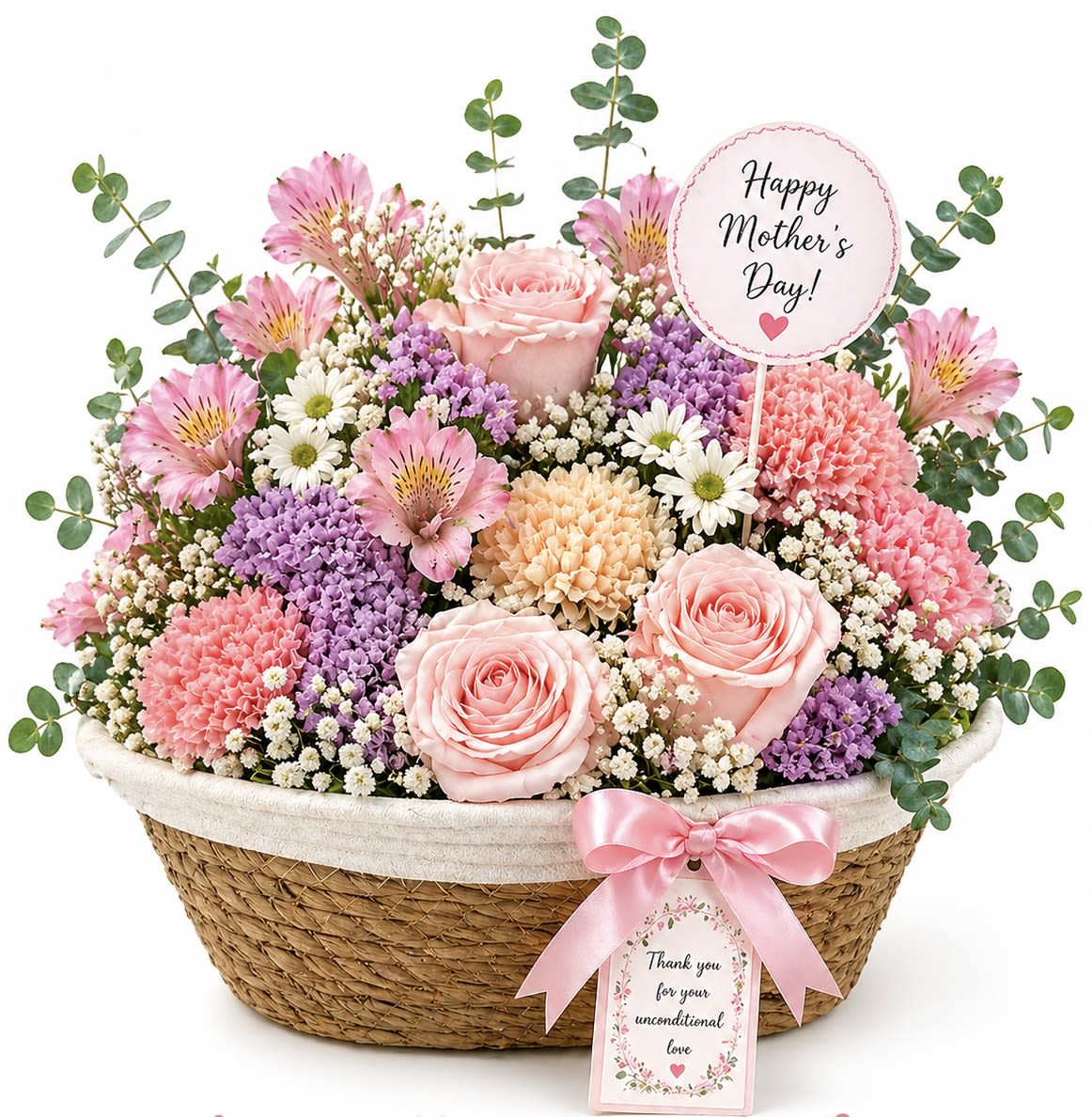 Pastel Garden Mother’s Day Basket - Celebrate Mom with this elegant pastel floral basket, beautifully designed with soft pink roses, carnations, daisies, and delicate seasonal blooms.  Arranged in a charming woven basket and finished with a satin ribbon and a “Happy Mother’s Day” message, this arrangement is the perfect gift to express love and appreciation.