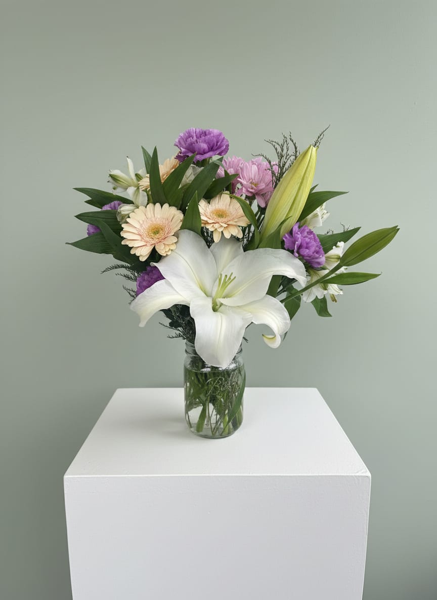 Mason Jar for Mom- Peachy  - A fresh, cheerful mix featuring a stunning white lily, soft peach gerberas, and touches of lavender, arranged in a classic glass jar with lush greenery. Light, elegant, and full of seasonal beauty—perfect for making Mom smile.