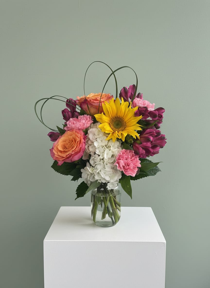 Mason Jar for Mom- Bright - A vibrant mix of sunflowers, roses, hydrangea, and seasonal blooms in a clear glass jar. Colorful, cheerful, and designed to make Mom smile. 