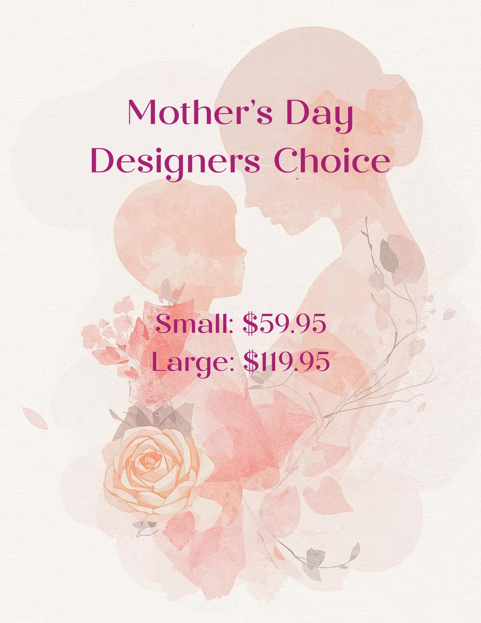 Mother's Day Designers choice - Designed to make Mom feel seen and cherished on Mother's Day. Our designers select the freshest seasonal blooms. Because this is a designer's choice, each arrangement is unique; expect a tasteful balance.  Perfect for moms, grandmothers, or anyone who loves flowers, this arrangement sends a message of appreciation and love that feels personal and thoughtful. Orders are hand-arranged to reflect the sentiment-if you have color preferences or a message for the card, include them at checkout to help our designers tailor the bouquet for your recipient.