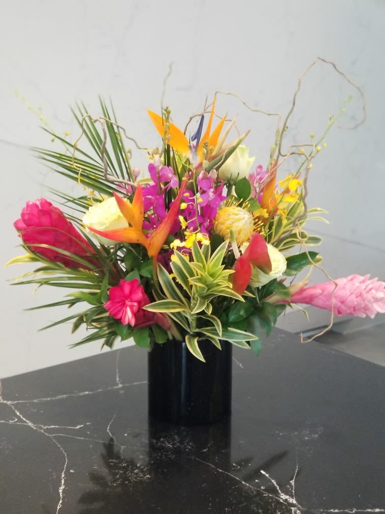Tropical Sunset (TWO DAY ADVANCE ORDER)  -  A classy Tropical arrangement for someone who loves the tropical island of Hawaii. Approximately 12" tall  