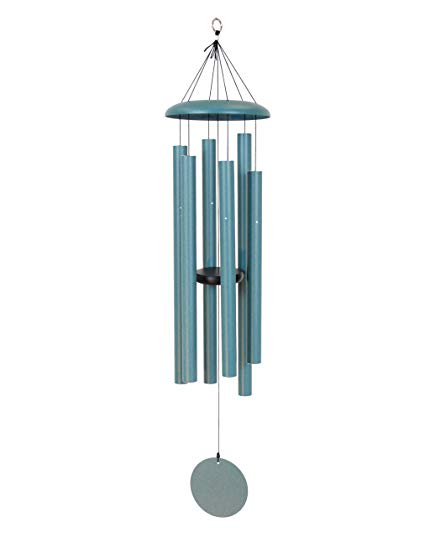 Blue metal wind chime with hanging tubes and a round striker