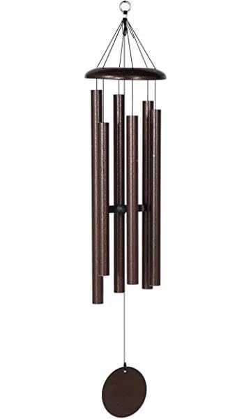 Brown metal wind chime with hanging tubes and a round clapper
