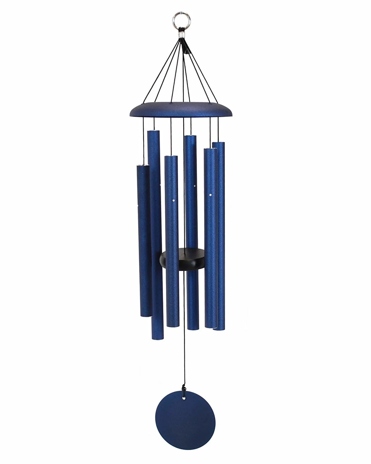 Blue metal wind chime with hanging tubes and a round clapper