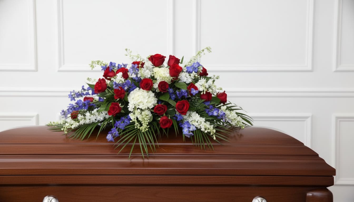 Red White and Blue Casket - Low, spreading spray of red roses, white mums and blue delphinium to rest atop a casket