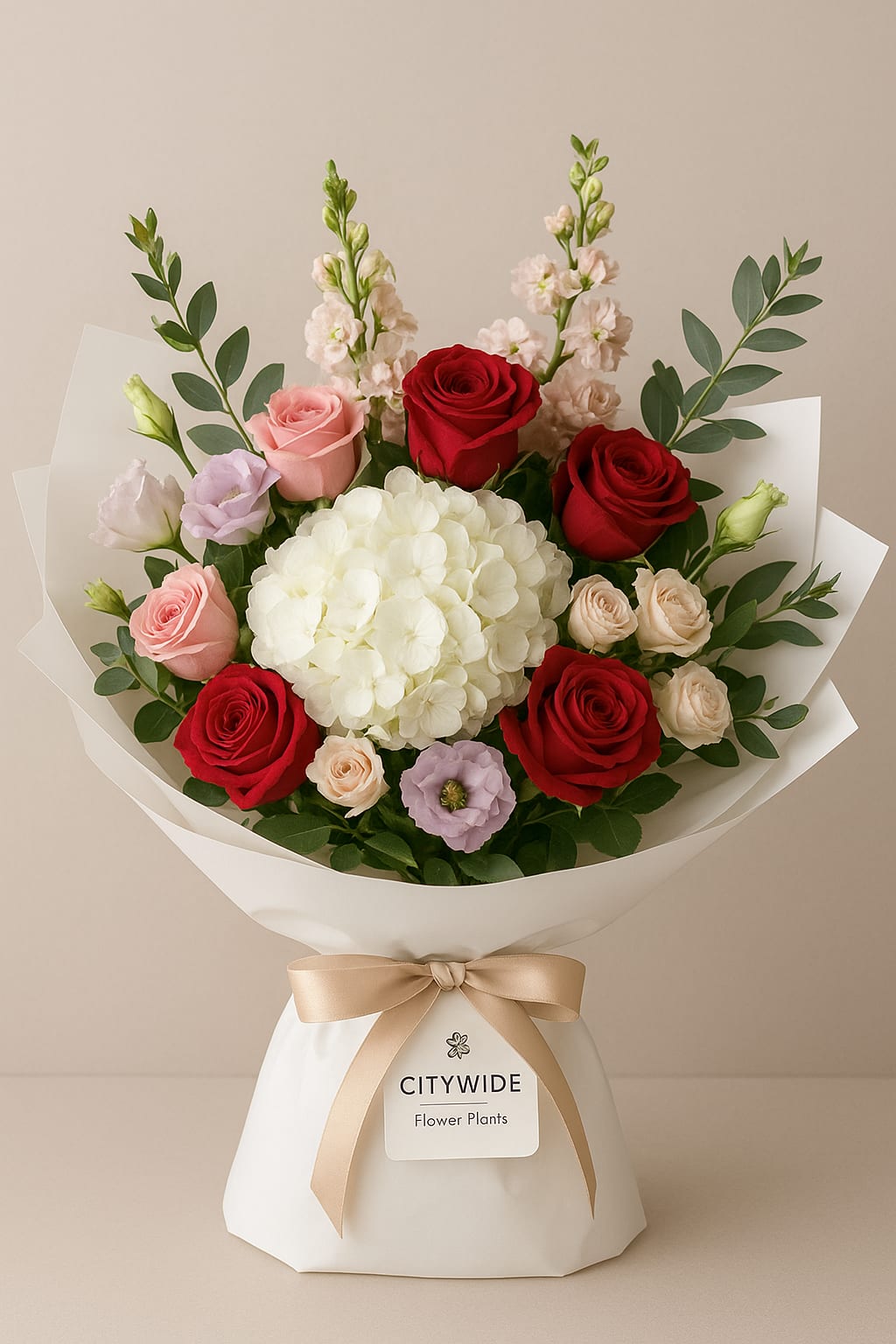 Bouquet of red and pink roses with white hydrangea in white wrap