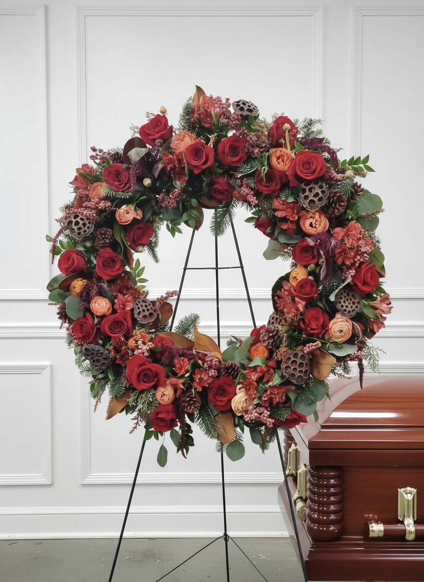 Autumnal Open Wreath - Large circular wreath with abundant red, orange and pink roses, evergreens, pinecones and lotus pods on an easel.