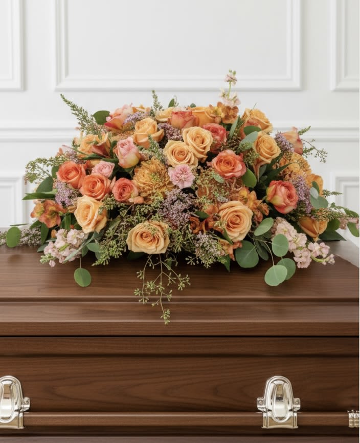 Peach Casket Spray - Large, low peach and pink rose spray with carnations and soft foliage to drape a wooden casket, formal and tender
