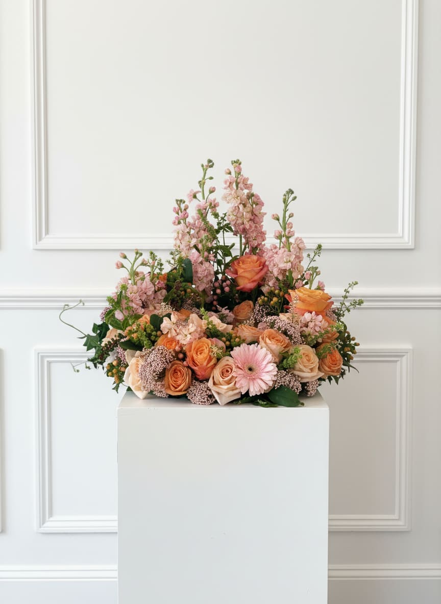 Peach Urn Garden - Peach and blush roses with tall pink spikes, a pale pink gerbera, lush garden-style design