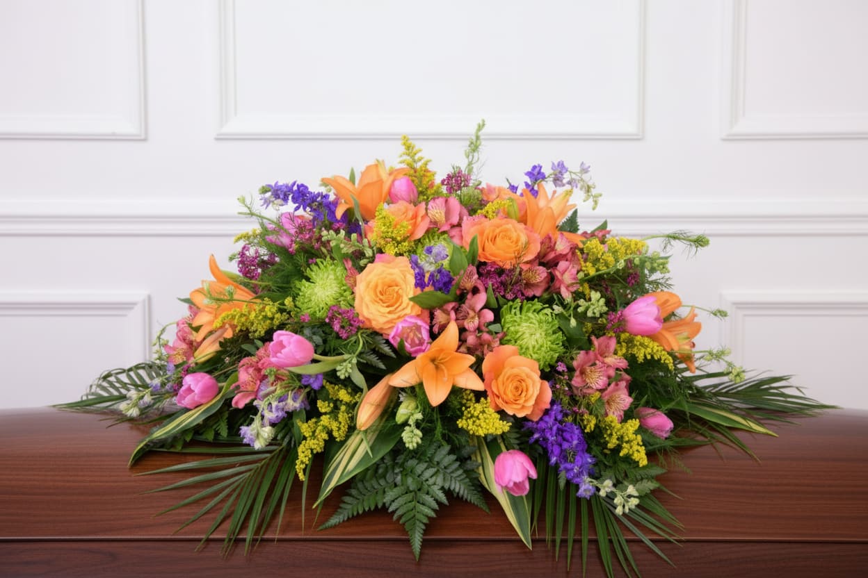 Spring Casket Cover - Large, low casket spray with orange roses &amp; lilies, pink tulips, purple accents and bright yellow filler.