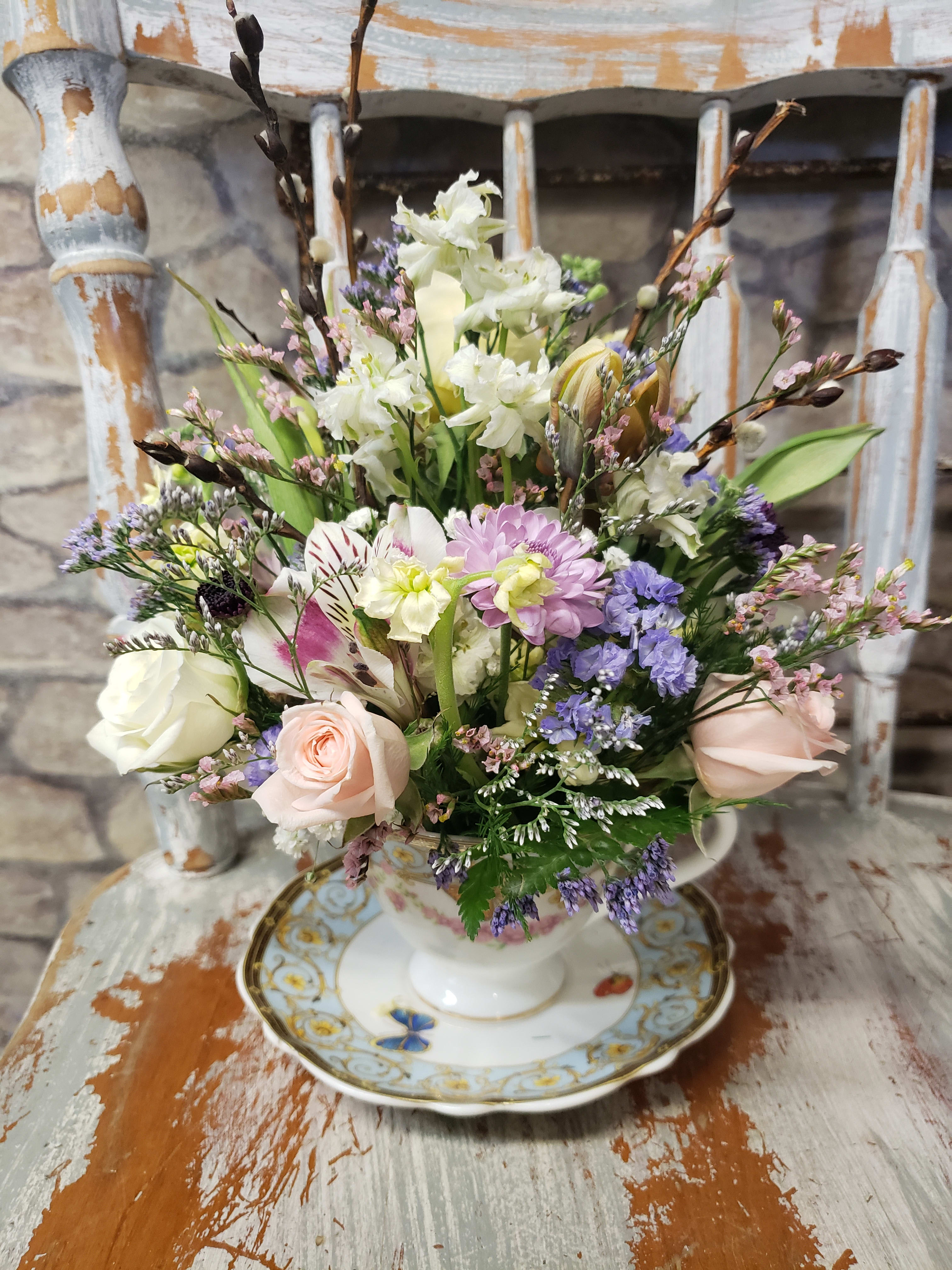  Dutchess for Tea - A variety of teacup sets in-stock! Designer will select &amp; create a unique selection of flowers &amp; fillers together with the color scheme and pattern of the teacup set! NO TWO ARE ALIKE! SAMPLE PHOTO FOR SIZE, THEME OF DESIGN. EACH ONE IS DIFFERENT FROM THE NEXT ORDER. YOUR ORDER &amp; PHOTO WILL NOT MATCH OR LOOK THE SAME.