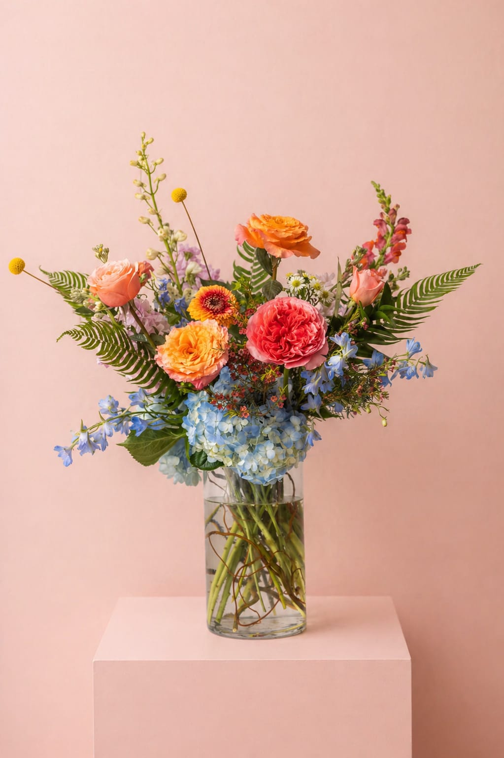 Signature Garden - A vibrant, garden-style arrangement filled with layered seasonal blooms in soft pastels and bright, joyful tones. Designed in a clear glass vase to highlight its natural movement, it’s a luxe way to celebrate Mom.