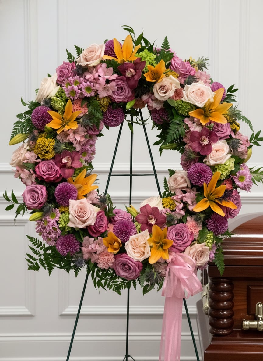 Spring Open Wreath - Large circular wreath on a metal easel with blush &amp; lavender roses, yellow lilies, hydrangea clusters, pink ribbon
