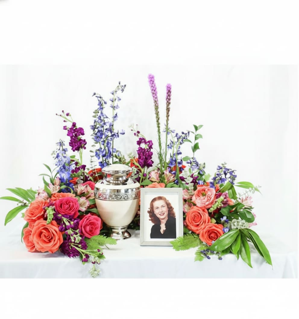 Open Urn Garden - Low, symmetrical memorial arrangement around a silver urn with framed photo, coral roses and tall purple spikes.