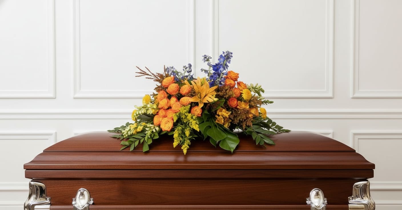Masculine Casket Cover - Dense, low-profile casket spray of orange roses, yellow blooms and blue accents on a polished wooden casket
