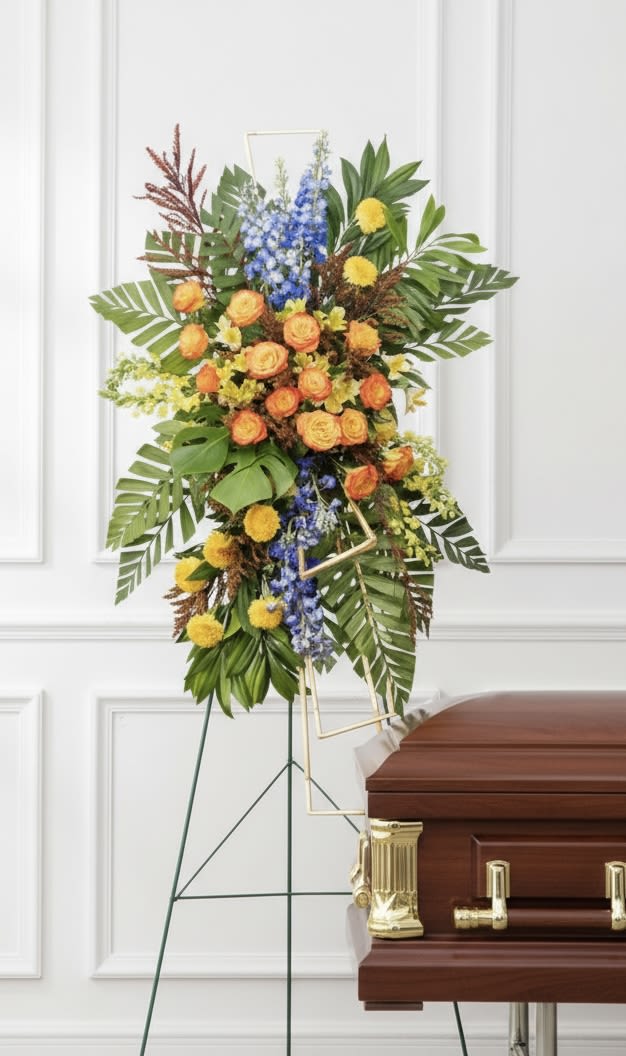 Masculine Standing Easel - Tall, structured standing easel with orange roses, yellow pom-poms, blue delphinium and tropical foliage on an easel.