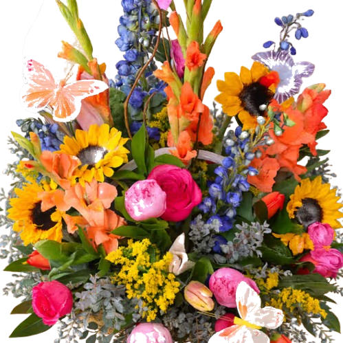 Whimsical Butterfly Garden Basket - Blue delphinium, sunflowers, peonies, roses, tulips, glads, lilies, solidago, butterflies and assorted greens arranged in a wicker basket