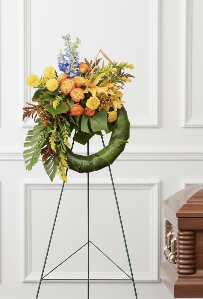 Masculine Open Wreath - Standing circular wreath with dense yellow-orange mums, blue delphinium accents on an easel.