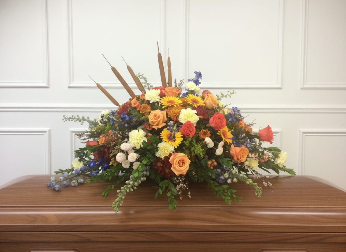 Fall Casket Cover - Large, low casket spray of warm roses, daisies, carnations and mums with candle-like picks and greenery