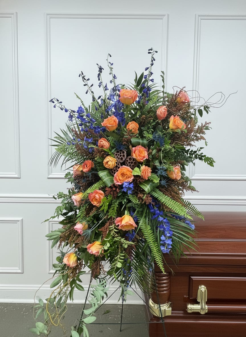 Autumnal Standing Easel - Tall easel spray with orange roses, blue delphinium-like spikes, mixed greenery, decorative branches.