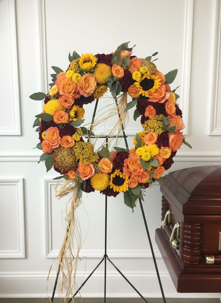 Fall Open Wreath - Large circular autumn wreath with orange roses, sunflowers, mums and raffia on a metal easel for casket display