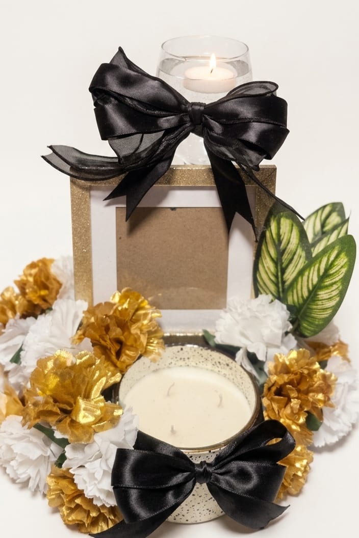 Golden Elegance - Golden Elegance is a refined decorative candle gift set perfect for housewarming, hostess gifts, or festive seasonal decor. The arrangement pairs lit glass and ceramic candles with a round candle tin and a small glass candle, all presented inside a framed decorative box-an elegant centerpiece that reads as both celebratory and polished for the person you're thinking of.  Silk white and metallic gold artificial flowers form a low wreath around the candles, accented by green patterned leaves for contrast and texture. Large black satin ribbon bows finish the composition, tying the black, white, yellow-gold and green palette together for a striking, formal look. Hard goods include glass candle holders, a ceramic candle cup, a framed decorative box and a round candle tin-everything arranged to look gift-ready on arrival.  This set is designed to make someone feel seen and celebrated: it works as a thoughtful welcome for a new home, a sophisticated hostess present, or a seasonal accent that lifts a room. Candles arrive ready to display; for safety, burn candles on a heatproof surface and never leave lit candles unattended.