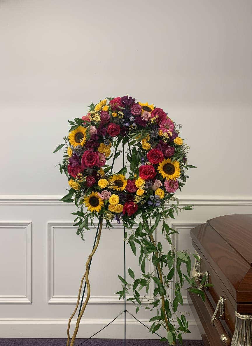 Summer Open Wreath - Large standing circular wreath on a metal easel with sunflowers, roses, carnations and chrysanthemums in pink, yellow, purple and green.