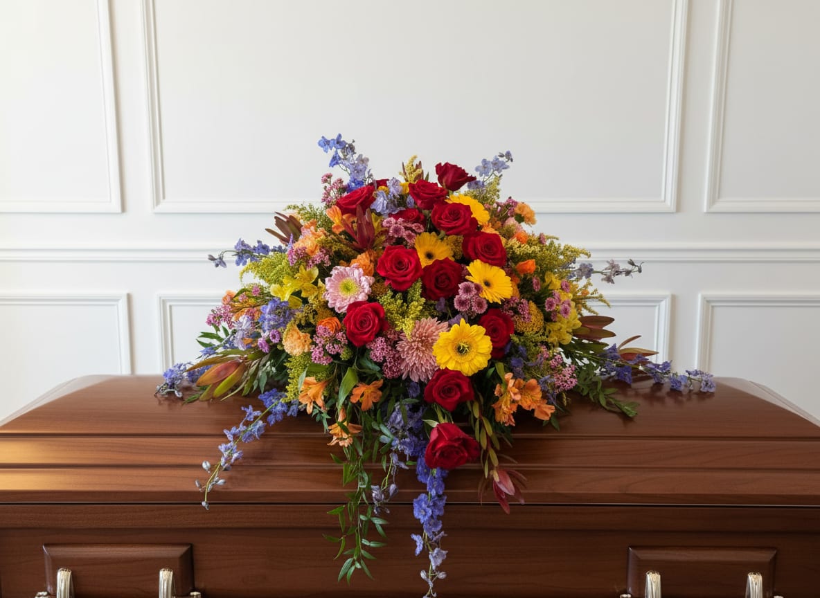 Summer Casket Cover - Large cascading casket spray with red roses, mixed daisies, carnations and colorful trailing accents atop a wooden casket